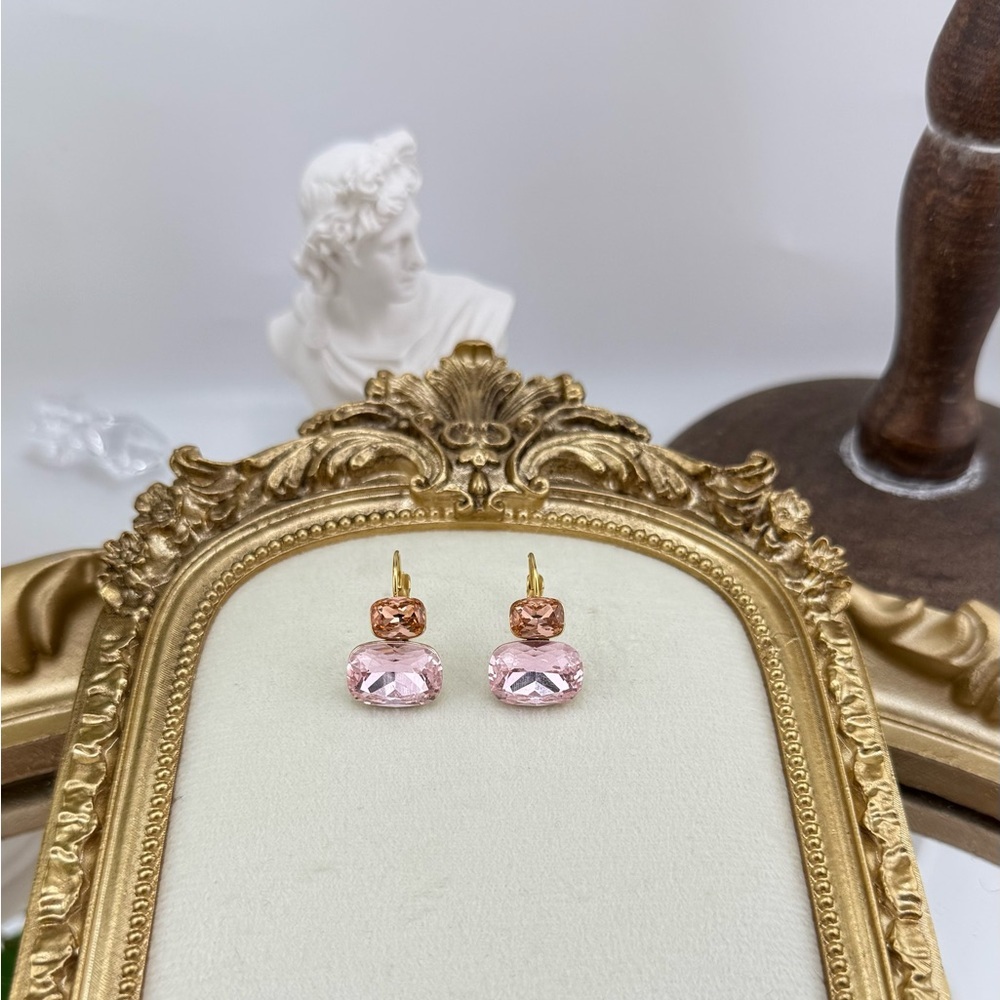 Pink Crystal Drop Earrings – Gold-Plated Stainless Steel - Picture 8 of 10